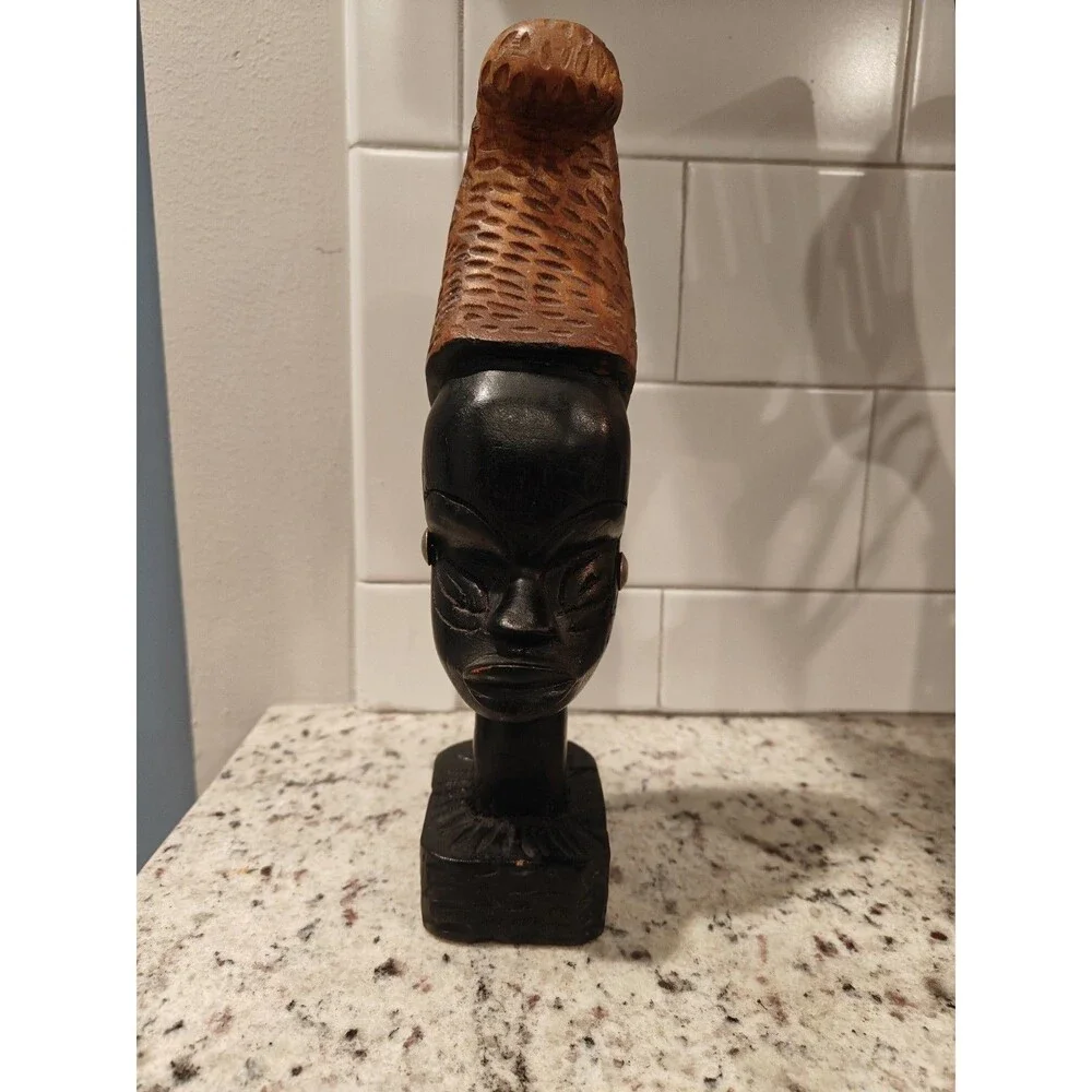 Vintage African Wood Hand Carved Wooden Sculpture Head